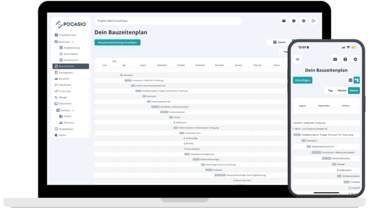 Bauzeitenplan als Tabelle und Gantt-Chart